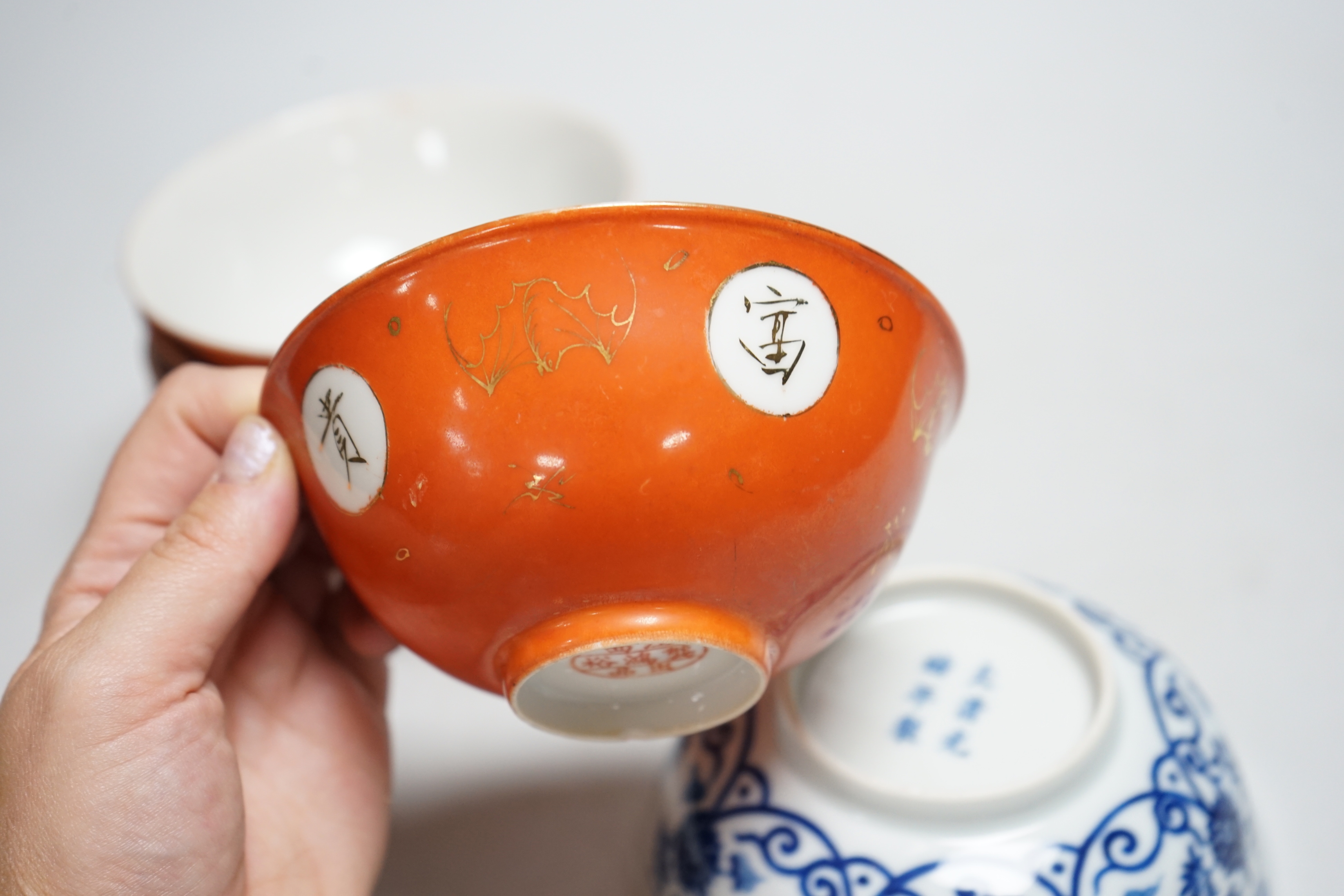 Five Chinese coral ground bowls and a blue and white bowl, 13cm (6)